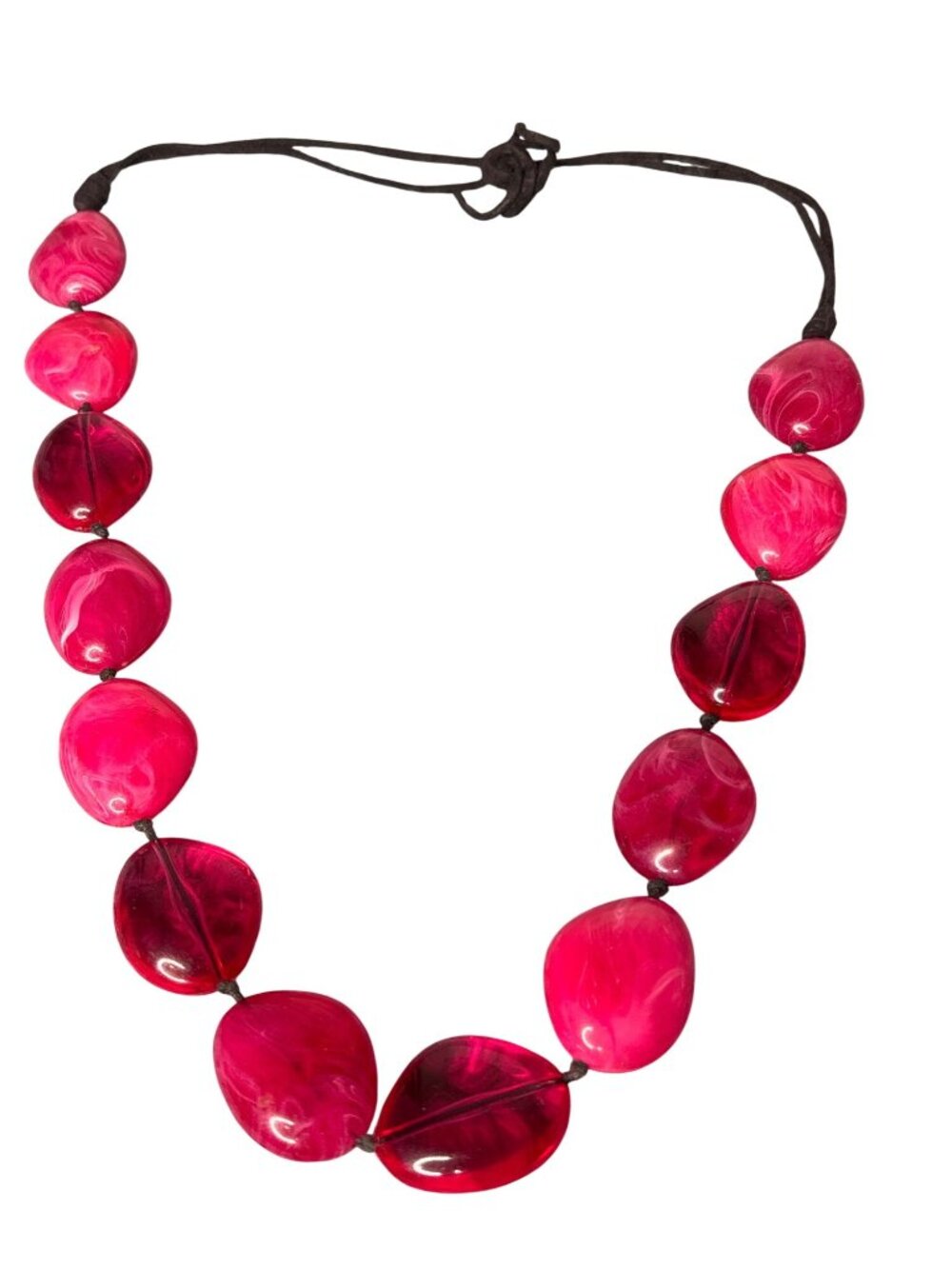 Pink White Swirled Plastic Beaded Necklace Black Suede Cord 26 inches Long